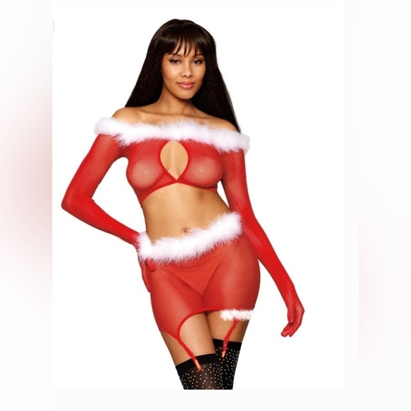 🦋B2G1🦋DREAMGIRL Seamless Fishnet and Feather Trim Santa Two-piece Garter Set O/S - Picture 1 of 4